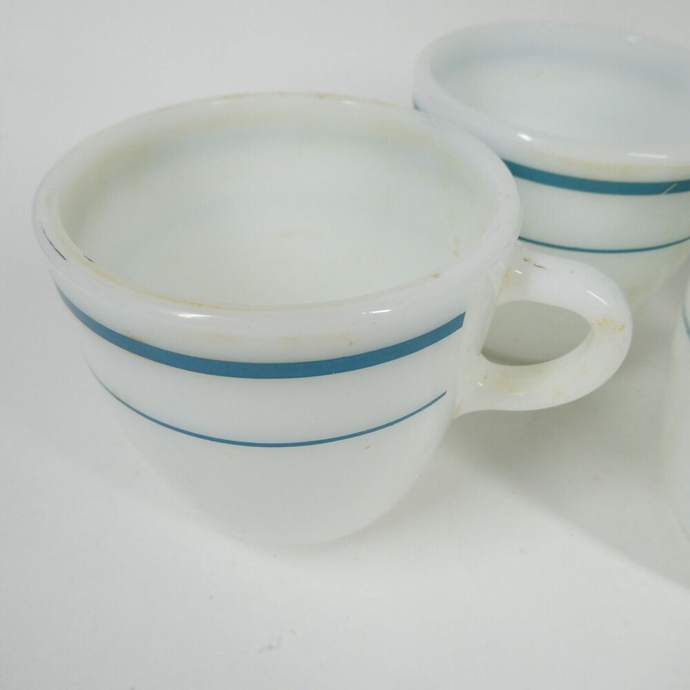 Anchor Hocking Anchorware 4 Teal Blue Stripe Coffee Mugs 910 Cups Vtg Milk Glass - Picture 5 of 14